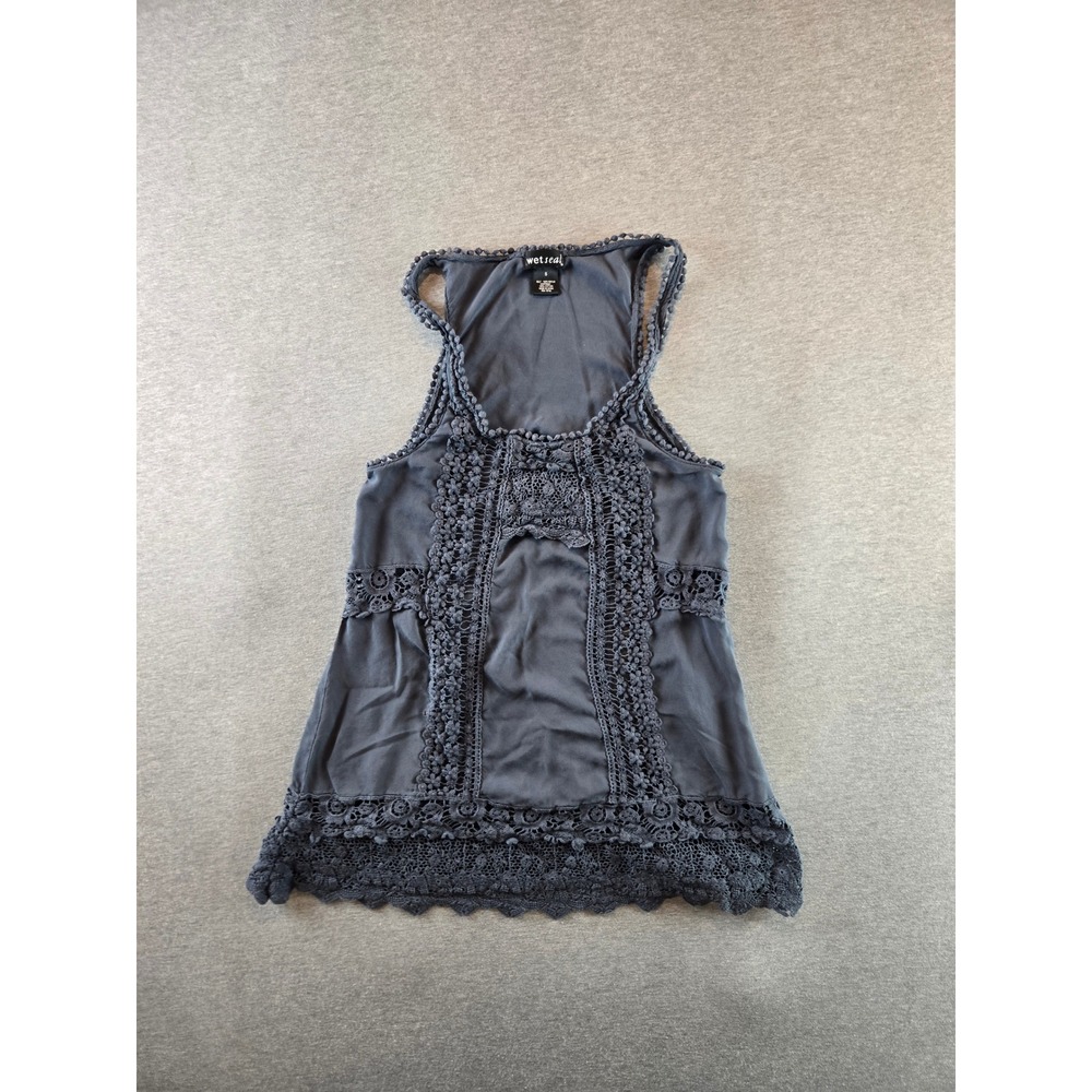 Wet Seal Crochet Tank Top Womens S Blue Gray Vintage Y2K Boho Lace Pom Pom Trim